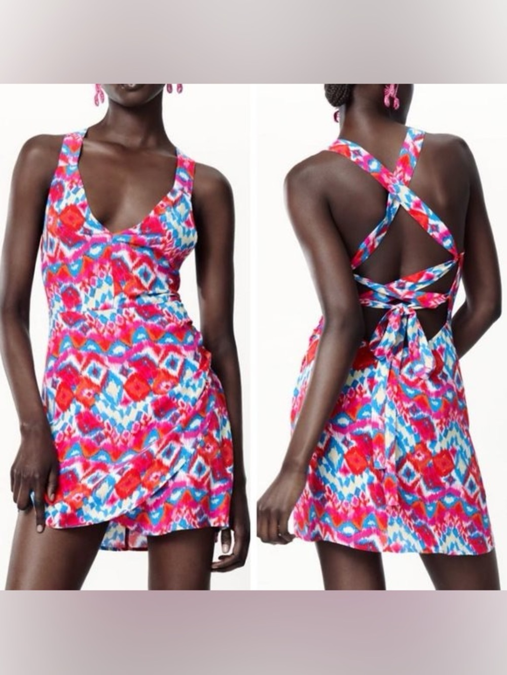 π NWT Zara Ikat Print Mini Dress Red Blue Lace Up Back Large - Picture 1 of 17
